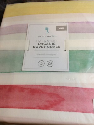Pottery Barn Kids Twin Kayla Rainbow Stripe Organic Duvet NWT! Cotton Watercolor-image
