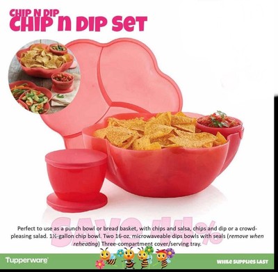 Tupperware CHIP 'N DIP SERVING SET ~ Red ~ Large 1.5 Gallon w/2 Dip Bowls ~ NEW!-image