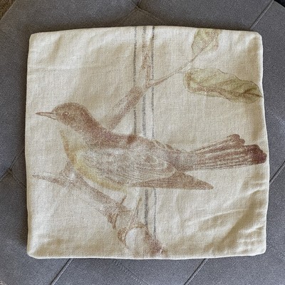 Pottery Barn Bird Pillow Cover 20x20 Beige Linen Cotton Square Textured Zip Up-image