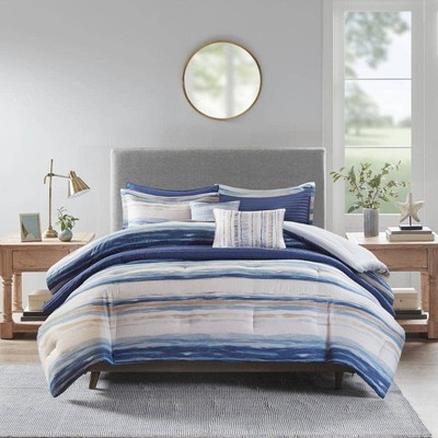Madison Park Full/Queen Comforter/Quilt Set 8-Piece in Blue Watercolor Stripe-image
