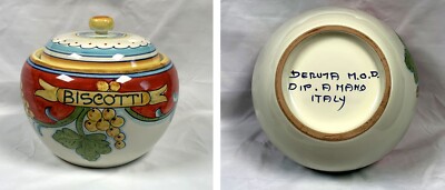 Deruta Hand Made Dip a Mano Italy Pottery Jar Canister Cookie Biscotti Large-image