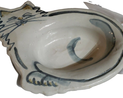 Art Studio Pottery Signed Ceramic Cat Shaped Bowl Trinket Dish 10x7x2 inch Blue-image