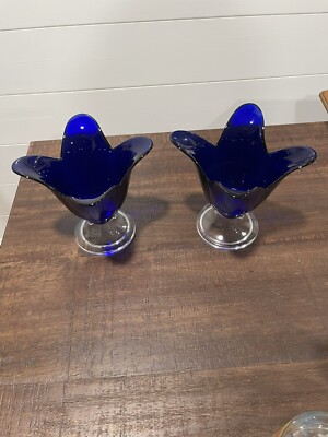 Pair Gorgeous  Cobalt Blue Art Glass Tulip Shaped Vase Or Tea light Portugal-image
