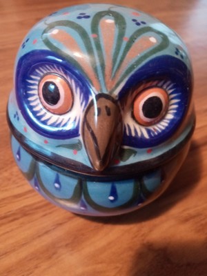 Vintage Owl Genuine Hand Painted Signed Erand Studio Lidded Pot Pottery Mexico-image