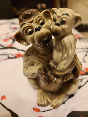 Vintage Chimpanzee Monkey Mom and Baby Salt Pepper Shakers Ceramic Arts Studio-image