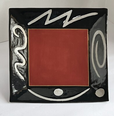 Vintage Studio Art Pottery 12”Square Platter Whimsy Rust Cream Gold Dark Navy-image