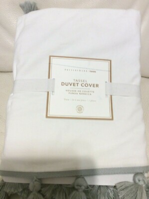Pottery Barn Teen Tassel Twin Duvet Light Gray & White NWT!-image