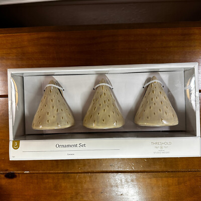 3 New Threshold Studio McGee Ceramic Christmas Tree Bell Ornaments-image