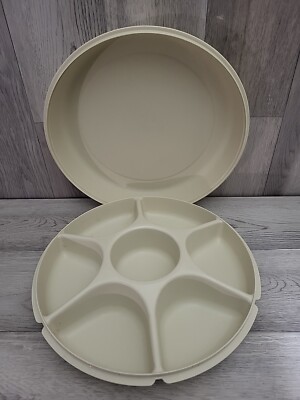 Tupperware Vintage Almond Divided Serving Tray With Lid Chip & Dip Veggie-image