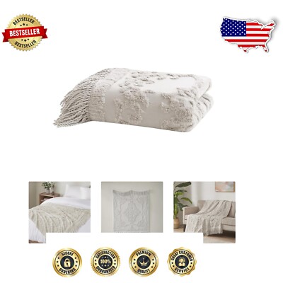 Chic 100% Cotton Tufted Chenille Throw Blanket with Tassels, 50