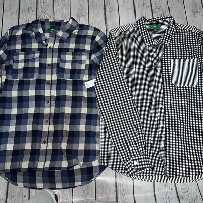 Set Of 2 Dip Blue & Black White Long Sleeve Button Up Shirts Large Plaid NWT-image