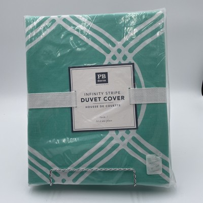 Pottery Barn Teen Dorm Duvet Twin Bed Cover Decor Green White Infinity Stripe-image
