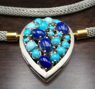 Great Vintage Sterling Silver, Turquoise & Lapis Lazuli Studio Pendant Necklace-image