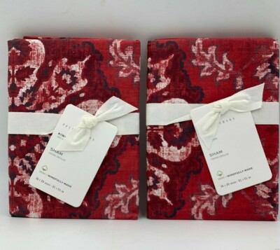 Pottery Barn Giovanna Medallion Organic Percale Sham King Red Set of 2 #D21-image