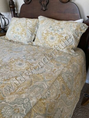 Pottery Barn Damask Duvet Cover Yellow Queen 2 Standard Shams Floral 3p Rare🦩-image