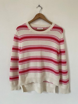 Chinti Parker Jumper Large 12 14 Pink White Knit Hi Lo Dip Hem Stripe Sweater-image