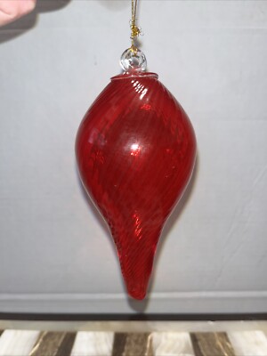 Teardrop Christmas Ornament Studio Art Hand Blown Glass Red Swirl  5.5”-image