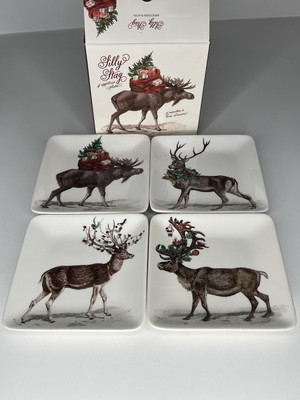 Pottery Barn Silly Stag Plate Christmas Holidays SET 4 Cabin Mountains Moose Elk-image
