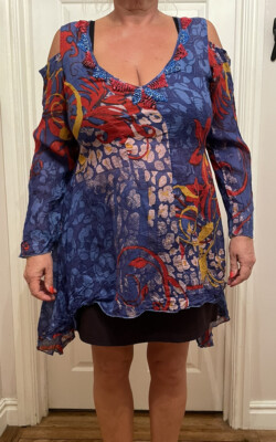 Cabiria Fashion Multi Coloured Dip Side Cold Shoulder Sleeved  Top 100% Cotton L-image