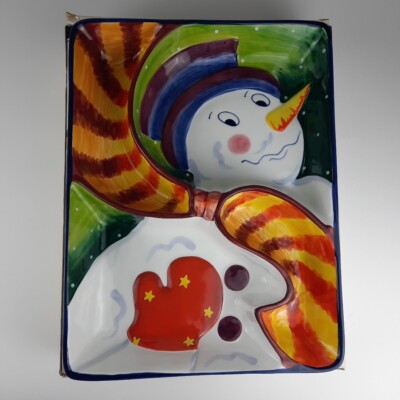 Clay Art Divided Chip Veggie Snack & Dip Serving Platter Tray Snowman Christmas-image