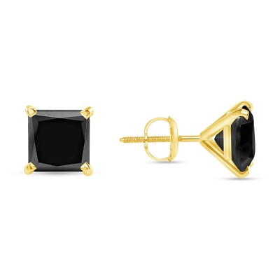 3 Ct Princess Cut Black Earrings Studs Solid 14K Yellow Gold Screw Back Martini-image