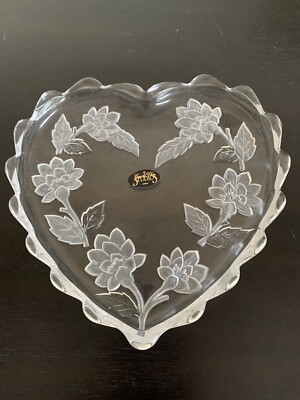 Crystal Clear Studios Heart Shaped Platter Dish 8”x8” Chrysanthemums Scalloped-image