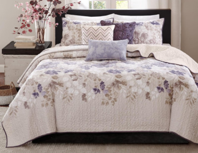 Madison Park Luna Pipe 6 Piece Coverlet Set - Queen - Floral Taupe Purple Sealed-image