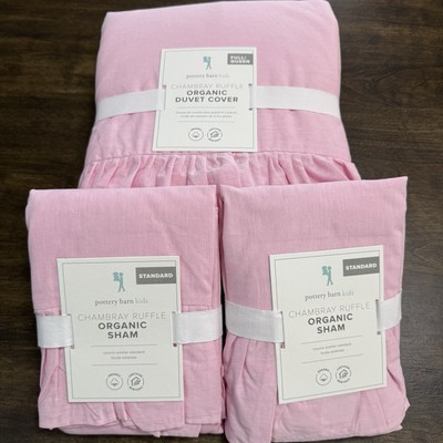 POTTERY BARN KIDS 3 PC CHAMBRAY RUFFLE DUVET COVER SHAM SET PINK ORGANIC COTTON-image