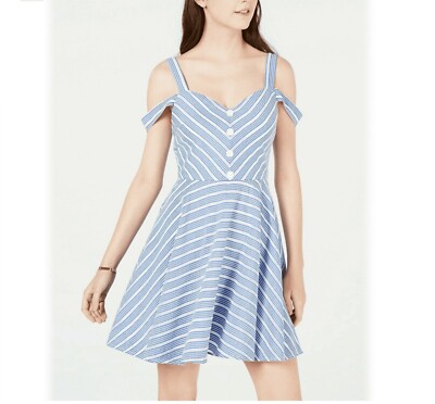 City Studio Junior Womens 11 Blue White Striped Cold Shoulder Daytime Dress NWT-image