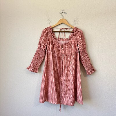 FREE PEOPLE Star Dip Mini Dress Womens Sz L Glass Roses Combo Smocked A-Line NWT-image