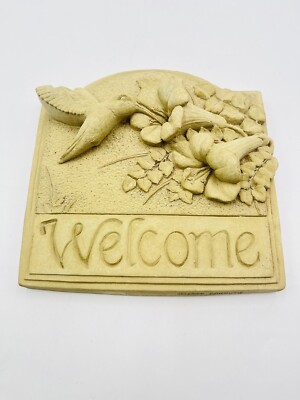 1994 Carruth Studio Hummingbird Welcome Sign Cement Wall Hanging Plaque-image