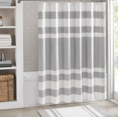 Madison Park Spa Shower Curtain Waffle 54 x 78 Water Repellent White Gray Stripe-image