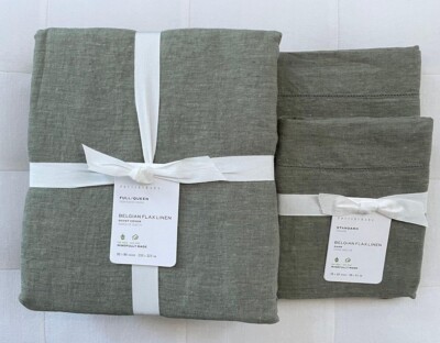 Pottery Barn BELGIAN FLAX LINEN Duvet Full Queen & Two Standard Shams Loden NWT-image