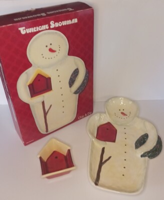 ⛄️ Twilight Snoman Chip & Dip Set Mary Beth Baxter Large Platter Birdhouse Bowl-image