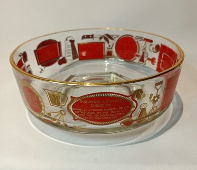 Retro MCM Vintage 1960s Jeanette Red & Gold Large Glass Dip Bowl w Recipes 22cm-image