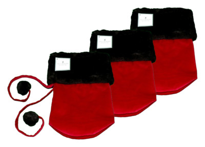 Pottery Barn Red Velvet & Fur Wine Bags w/Tassel (3 pcs), 11'' H x 4.75'' D-image