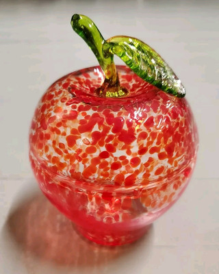 Apple Shaped Trinket Jar Studio Fused Glass Vanity Dish Romania Red Green Leaf-image