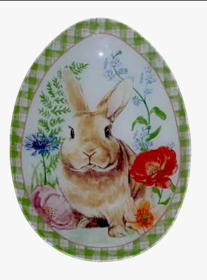 Madison Studio Floral Brown Bunny Checkered Border Egg-Shaped Glass Platter NEW-image
