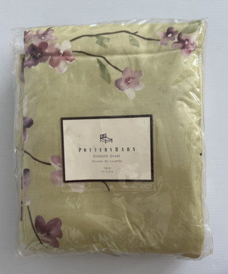 Pottery Barn  ~ BLOSSOM Duvet Cover TWIN Green Pink Purple Flowers SATINY New-image