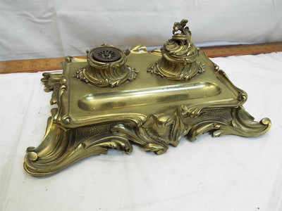 Large Heavy Brass Art Nouveau Desk Ornate Double Inkwell Dip Pen Holder-image