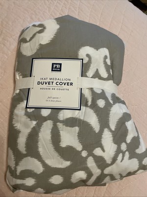 Pottery Barn IKat Medallion Duvet Cover Full Queen Gray And White pb Dorm-image