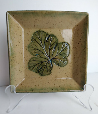 Studio Pottery Square Trinket Dish with Grape Leaf in Center Signed- SLM 2009-image