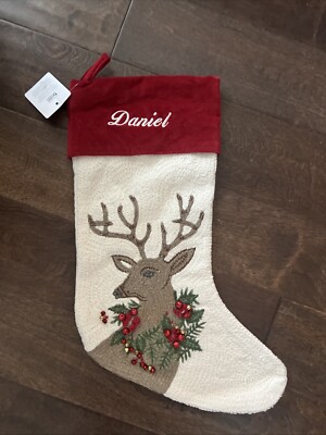 New Pottery Barn Crewel Icon Deer Stag Embroidered Christmas Stocking *Daniel-image