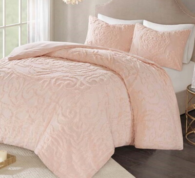 PINK CHENILLE VINTAGE PLUSH COTTON 3pc COMFORTER SET: Queen, King or Cal King-image