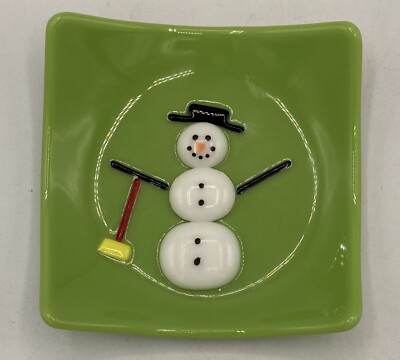 Fused Studio Art Glass Green Snowman Square Trinket Dish Signed Lisa Winter-image