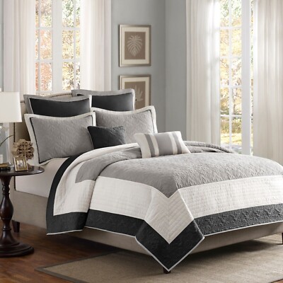 Madison Park 7 Piece Quilt Set with Euro Shams and Throw Pillows King-image