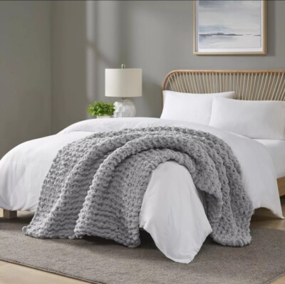 Madison Park Chenille Chunky Knit Throw Blanket 50x60 Gray -image