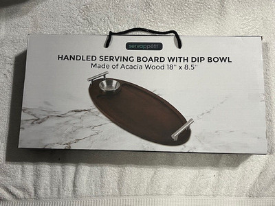 ACACIA WOOD SERVING BOARD PLATTER W/ DIP BOWL NIB-image