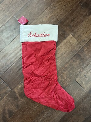 NWT Pottery Barn Classic Large Red Ivory Velvet Christmas Stocking *Sebastian-image