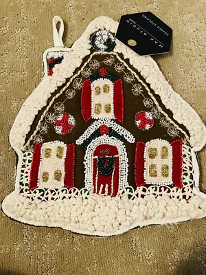 MAX STUDIO GINGERBREAD HOUSE Shaped Christmas Stocking Beaded Wool Blend NWT-image